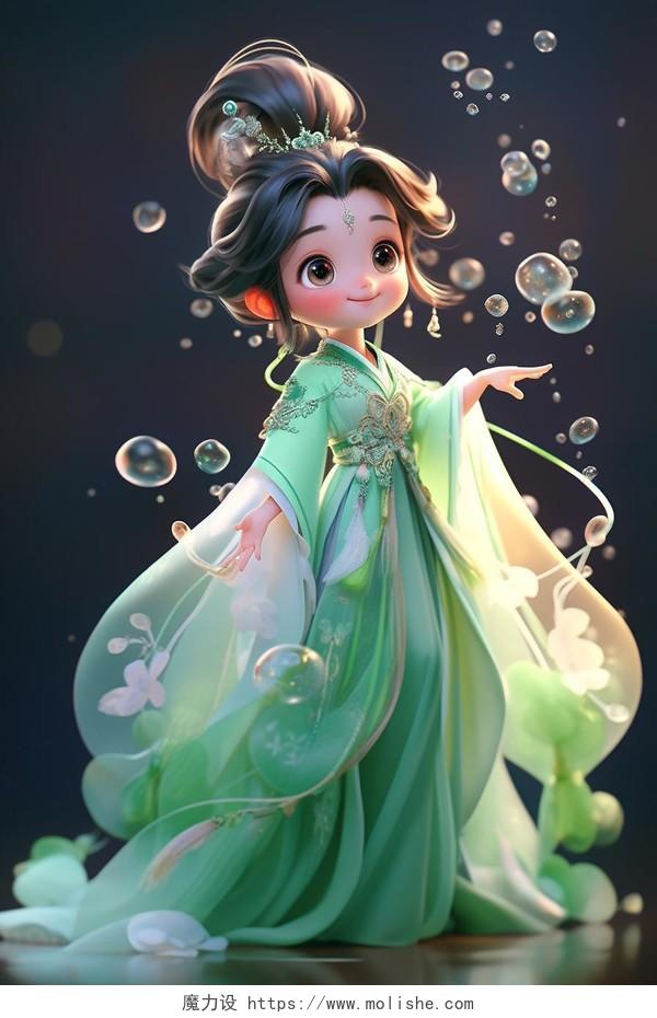 一个身穿绿色汉服长裙的中国女孩3D插画AI中式古装文物拟人